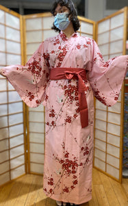 Kimono Robe - cranes & red cherry blossoms on pink