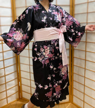 Load image into Gallery viewer, Pink Flowers on  Black 100% Satin Cotton Women&#39;s Kimono Robe
