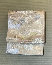 Load image into Gallery viewer, Fukuro Obi - paulownia &amp; mums on silver/gold/white
