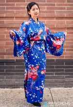 Load image into Gallery viewer, Kimono Robe - flower bouquets on blue
