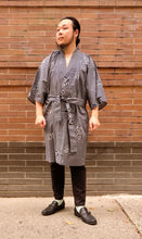 Load image into Gallery viewer, Kimono Robe - navy/white kanji characters on weave pattern
