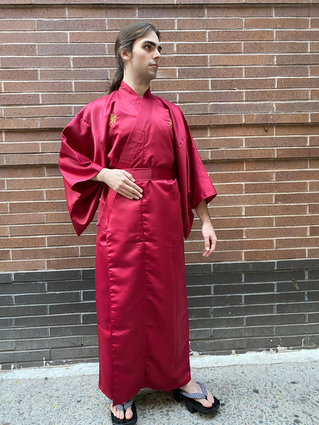 Satin Kimono Robe - vermillion/golden fortune - long