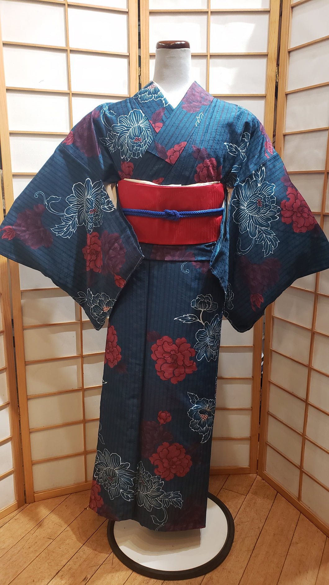 Komon Kimono set -red peony on ocean blue