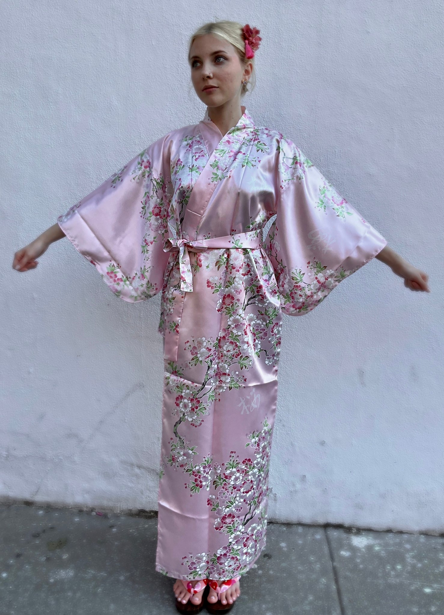 Satin Kimono Robe - light pink with cherry blossoms – Kimono House NYC
