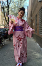 Load image into Gallery viewer, Kimono Robe - cranes &amp; red cherry blossoms on pink
