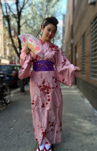 Kimono Robe - cranes & red cherry blossoms on pink
