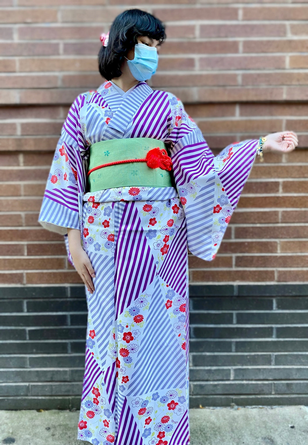 Plus Size Washable Komon Kimono - Floral Stripes