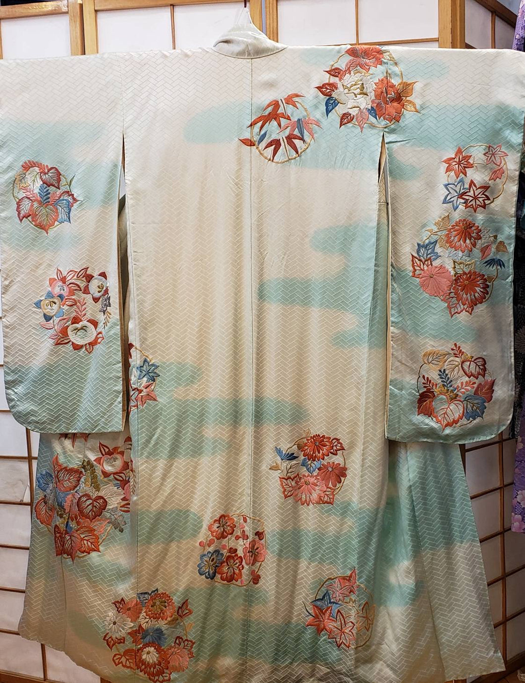 Vintage Furisode - Light Blue/White with Embroidered Flowers