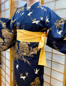 Kimono Sleeve Robe - cranes with gold flowers on navy