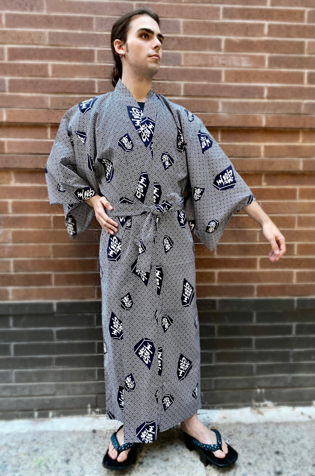 Kimono Sleeve Robe - navy/white Japanese chess design on weave pattern