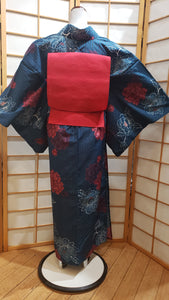 Komon Kimono set -red peony on ocean blue