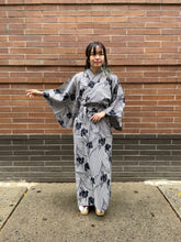 Load image into Gallery viewer, Kimono Robe - Irises on Pinstripes blue/white
