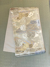 Load image into Gallery viewer, Fukuro Obi - paulownia &amp; mums on silver/gold/white
