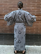 Load image into Gallery viewer, Kimono Sleeve Robe - navy/white Japanese chess design on weave pattern
