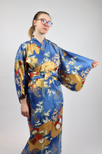 Load image into Gallery viewer, Cotton Kimono - gold/cobalt blue bamboo and florals
