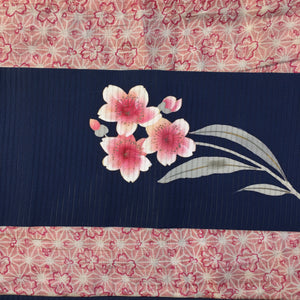Nagoya Obi - Pink Flowers on Midnight Blue