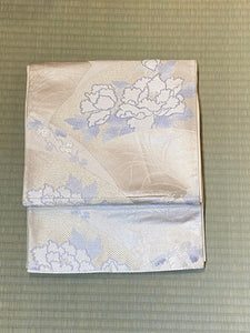 Fukuro Obi - peonies in silver/steel blue