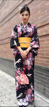 Load image into Gallery viewer, Pink Flowers on  Black 100% Satin Cotton Women&#39;s Kimono Robe
