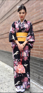 Pink Flowers on  Black 100% Satin Cotton Women's Kimono Robe