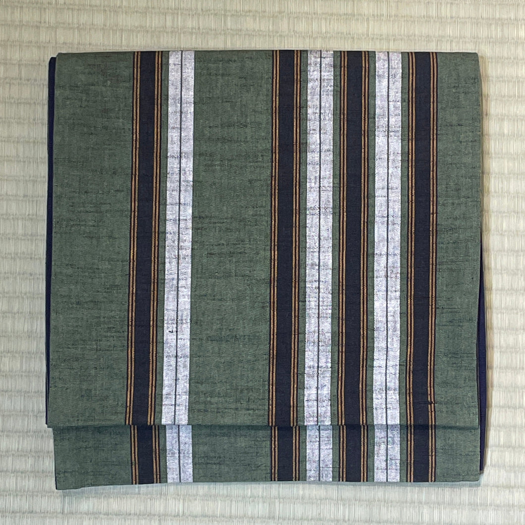 Vintage Nagoya Obi - Aizu Stripes on green