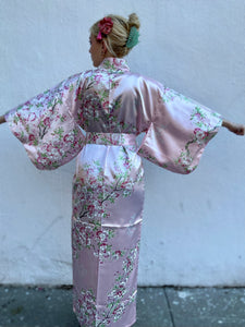 Satin Kimono Robe - light pink with cherry blossoms