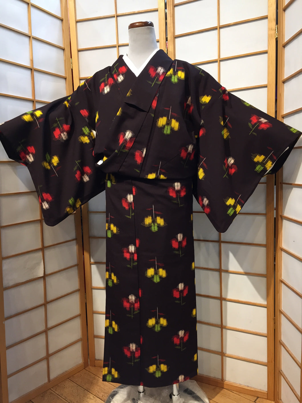 Tsumugi Kimono - warp dyed flowers on black