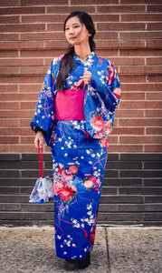 Kimono Robe - flower bouquets on blue